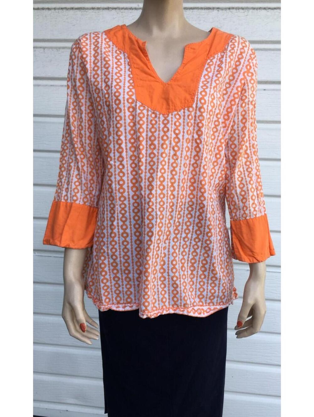 Gretchen Scott Designs Women's Tunic Blouse sz M Orange Geometric Circular Chain